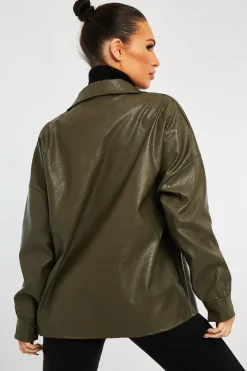 Rebellious Fashion Khaki Faux Leather Shacket - Leiyah