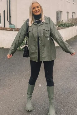 Rebellious Fashion Khaki Faux Leather Shacket - Leiyah