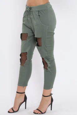 Rebellious Fashion Khaki Fish Net Panel Detail Joggers - Mikaela