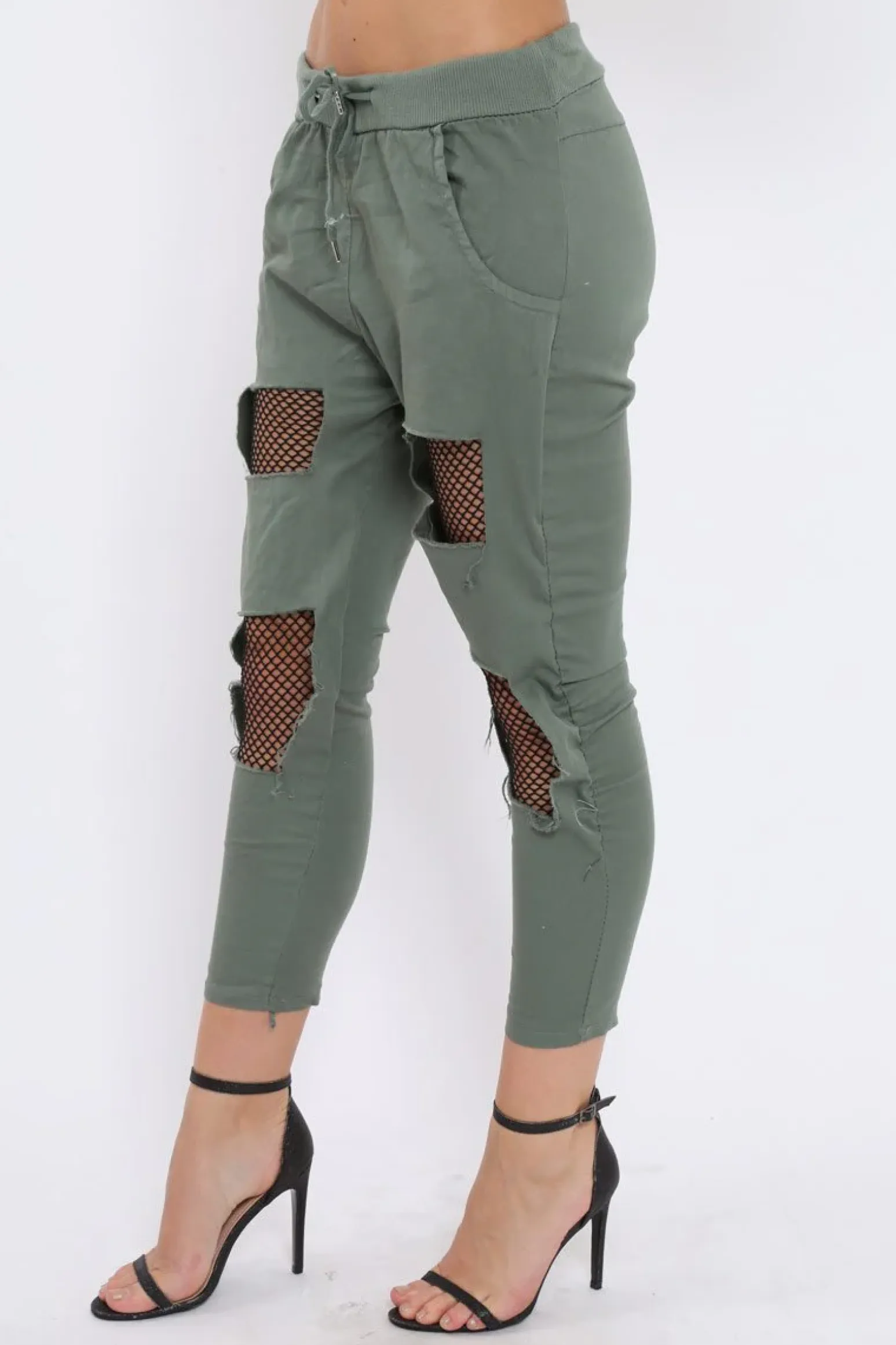 Rebellious Fashion Khaki Fish Net Panel Detail Joggers - Mikaela