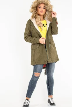 Rebellious Fashion Khaki Fleece Lined Faux Fur Hood Parka Coat - Kiyomi