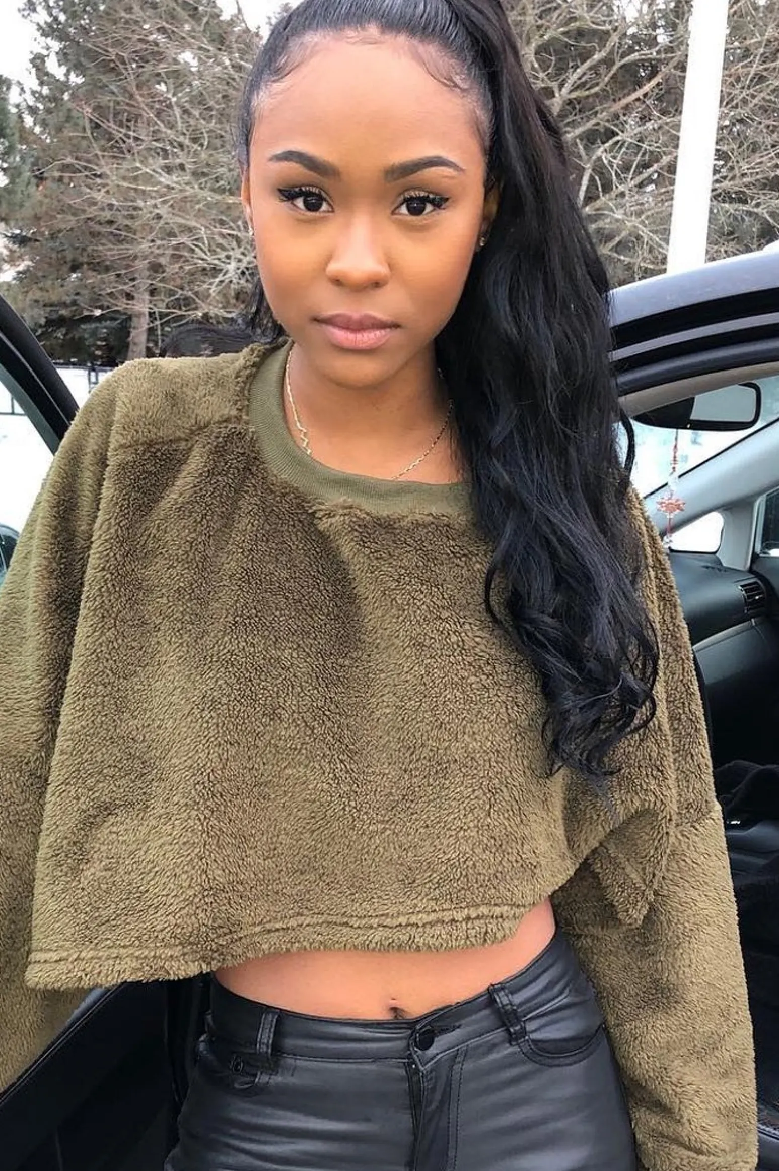 Rebellious Fashion Khaki Fluffy Long Sleeve Crop Jumper - Noura