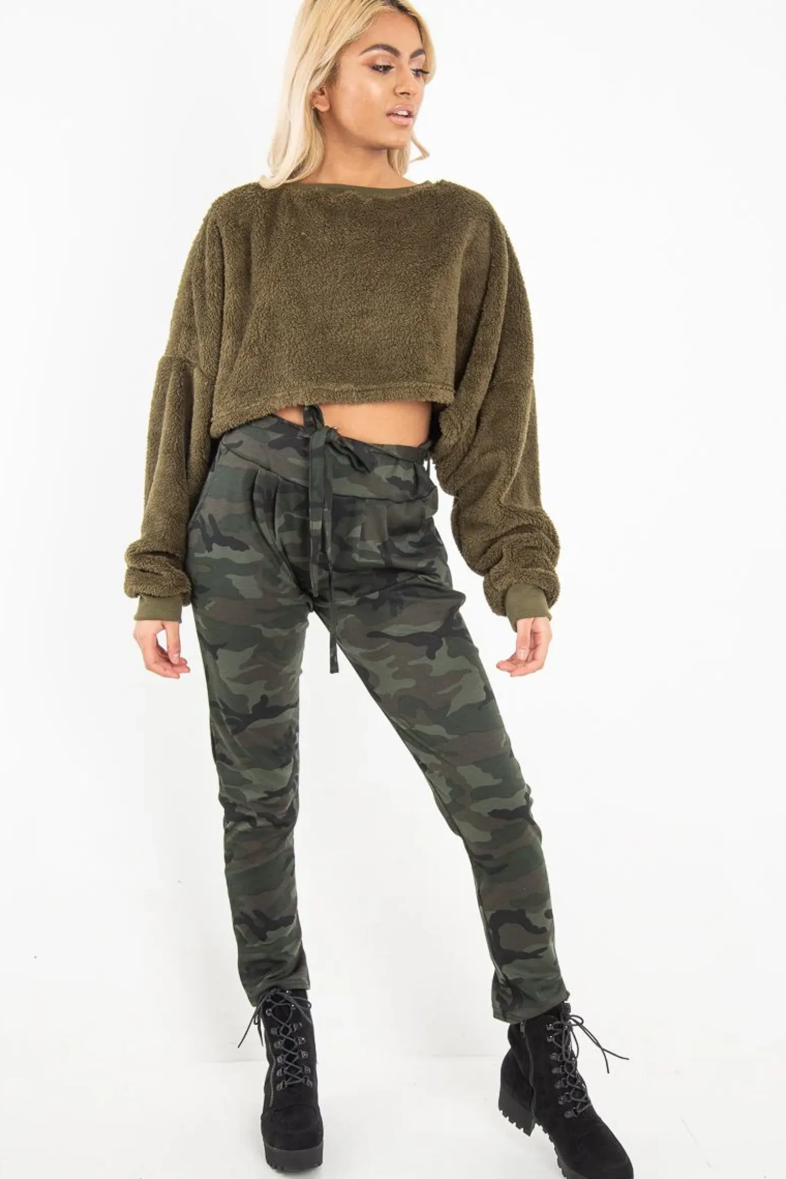 Rebellious Fashion Khaki Fluffy Long Sleeve Crop Jumper - Noura