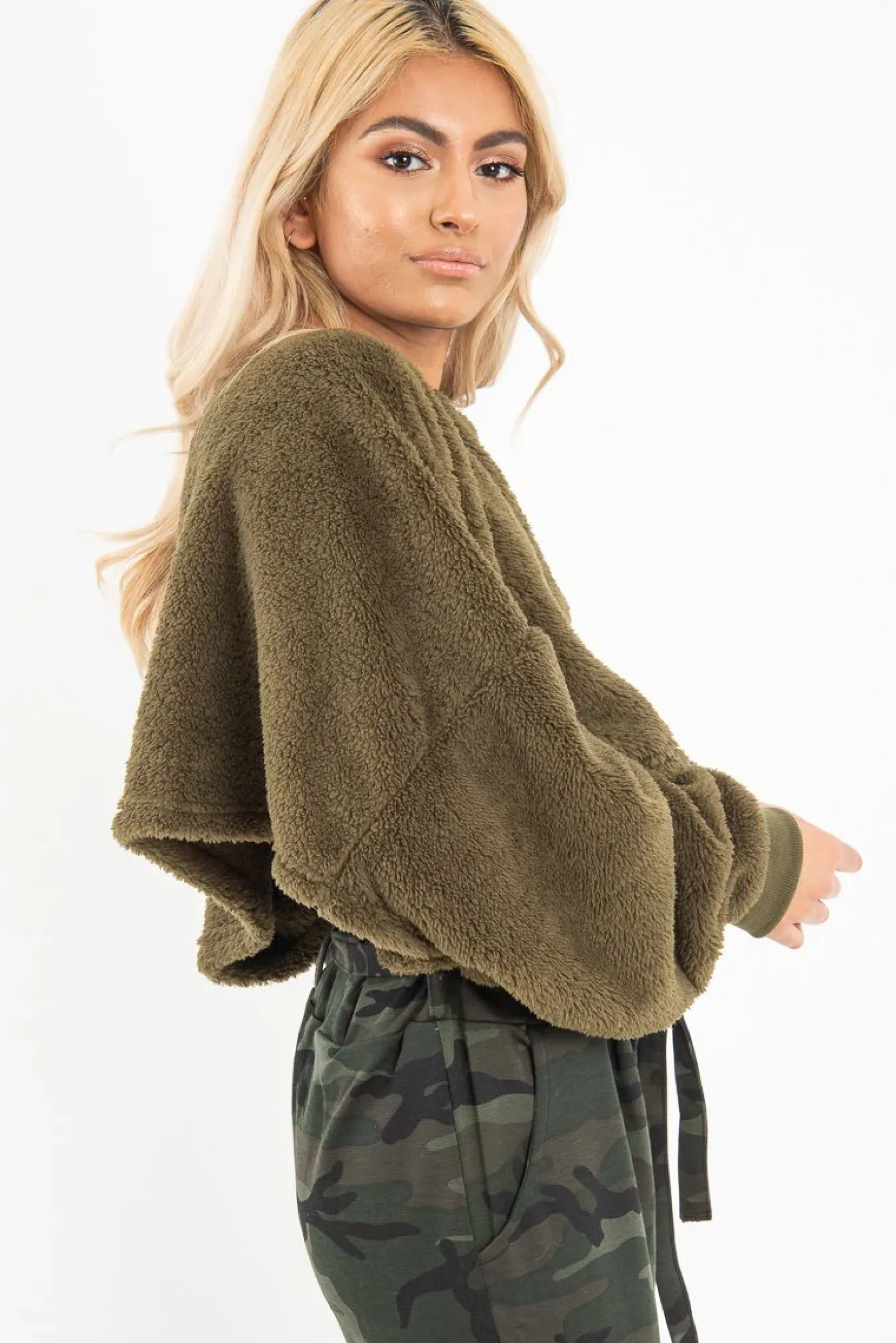 Rebellious Fashion Khaki Fluffy Long Sleeve Crop Jumper - Noura