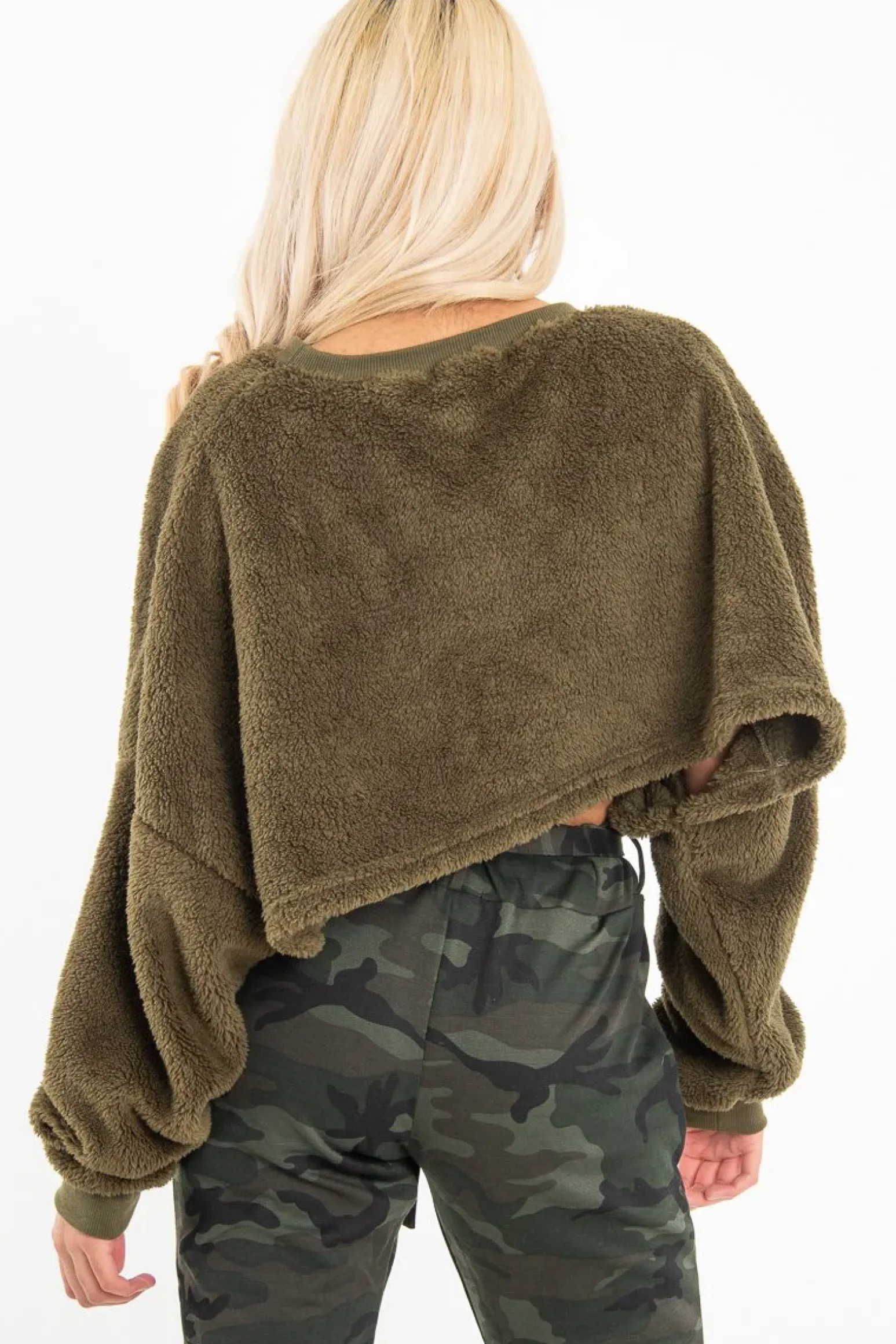 Rebellious Fashion Khaki Fluffy Long Sleeve Crop Jumper - Noura