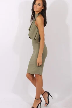 Rebellious Fashion Khaki Frill Choker Midi Dress - Angela