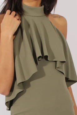 Rebellious Fashion Khaki Frill Choker Midi Dress - Angela
