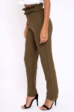 Rebellious Fashion Khaki Frill Hem Wide Legged Trousers - Megan