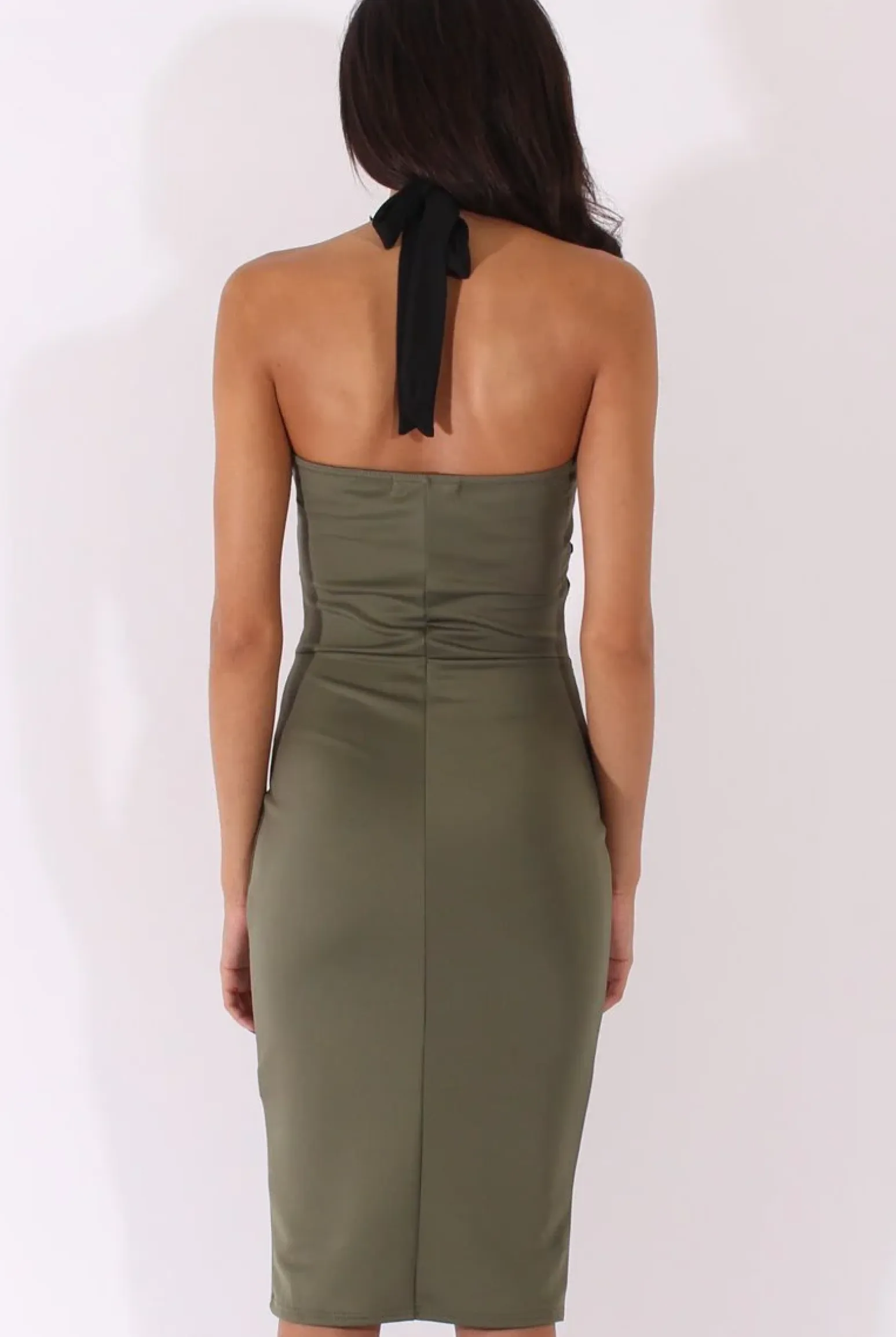 Rebellious Fashion Khaki Halterneck Crochet Layer Midi Dress - Andie