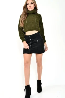 Rebellious Fashion Khaki High Neck Cropped Cable Knit Jumper - Sandria
