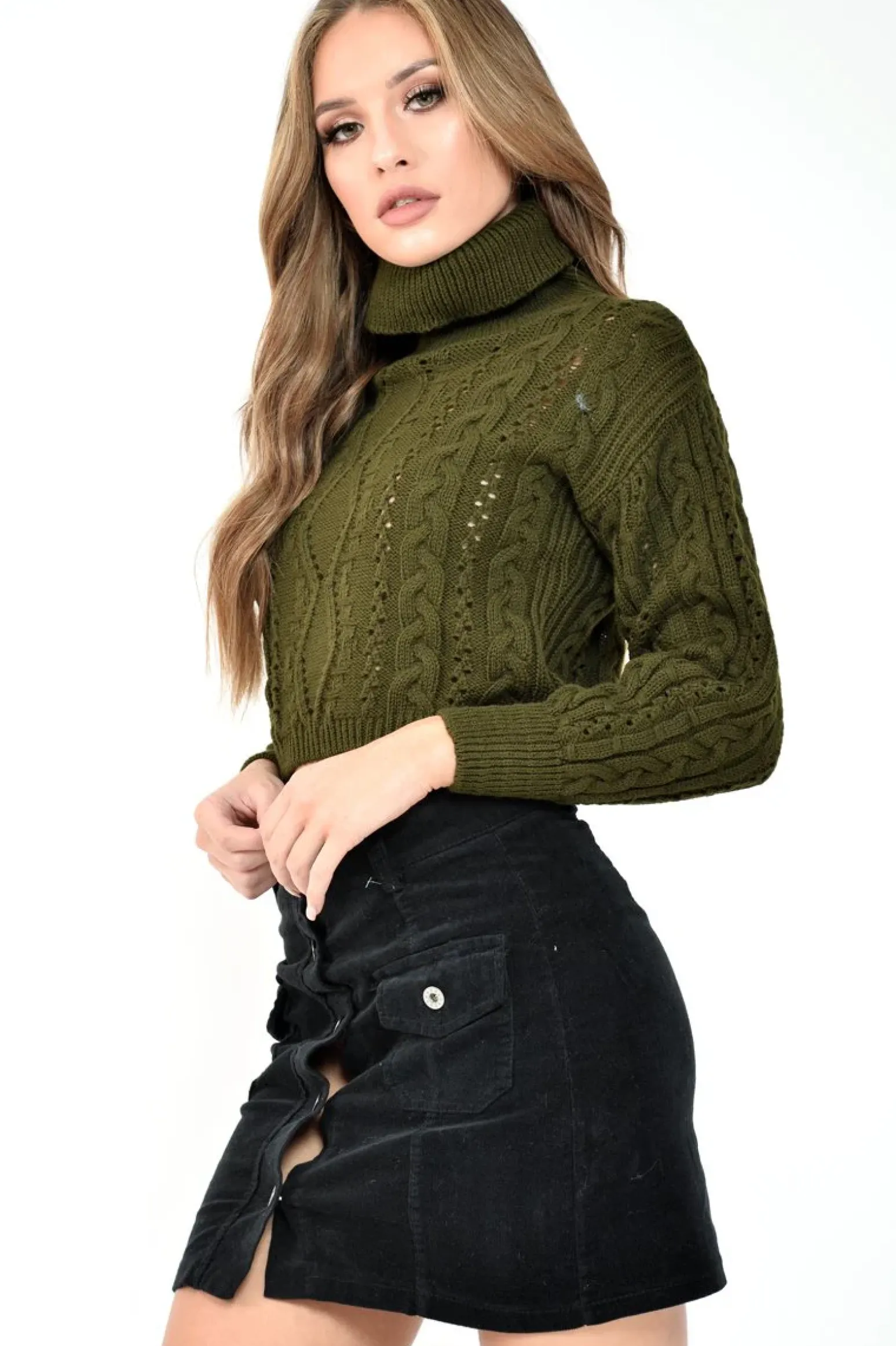 Rebellious Fashion Khaki High Neck Cropped Cable Knit Jumper - Sandria