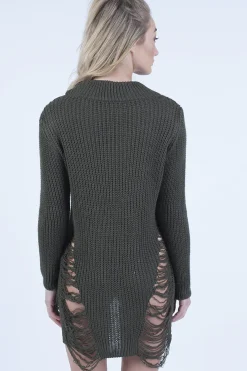 Rebellious Fashion Khaki High Neck Cut Out Distressed Jumper Dress - Adalyn