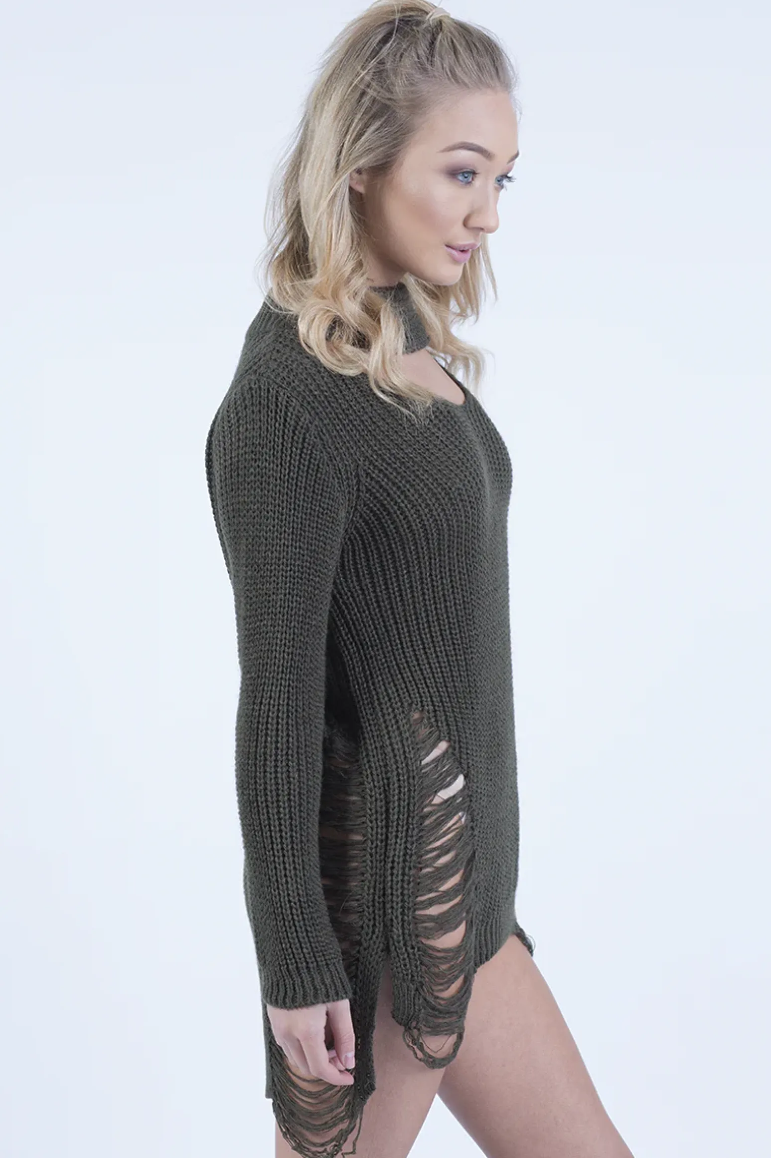 Rebellious Fashion Khaki High Neck Cut Out Distressed Jumper Dress - Adalyn