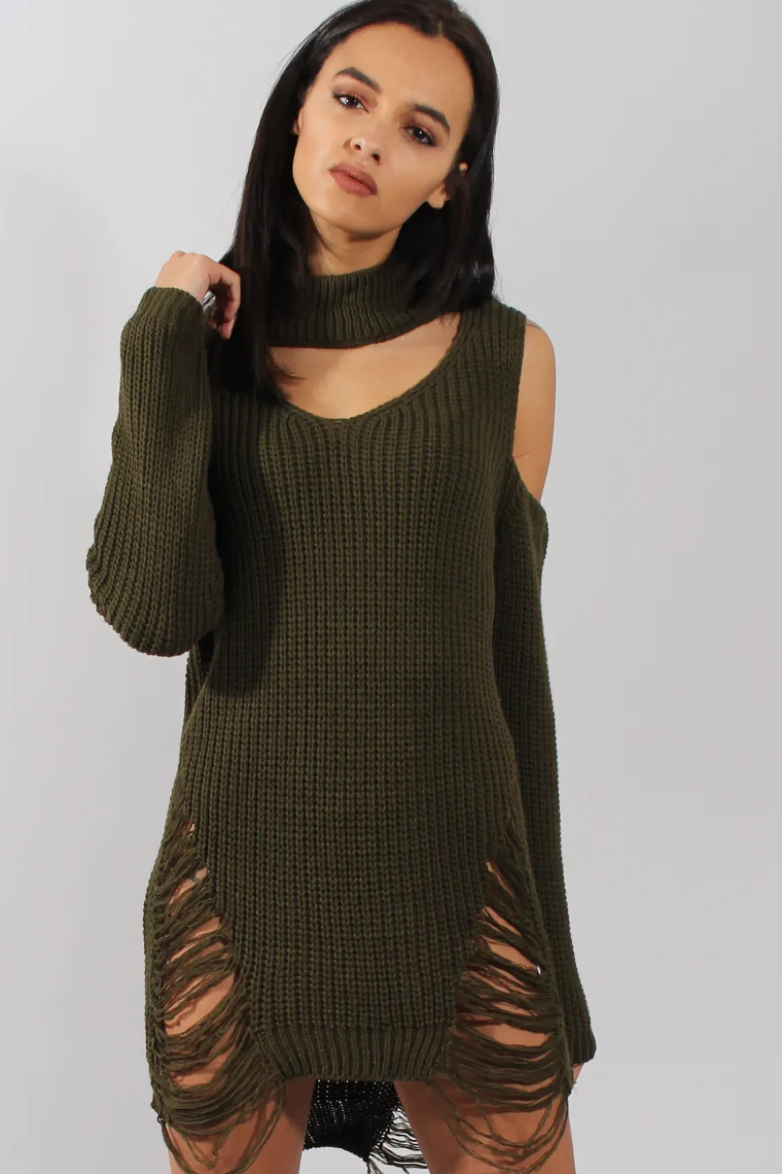 Rebellious Fashion Khaki High Neck Cut Out Distressed Jumper Dress - Jamie