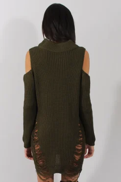 Rebellious Fashion Khaki High Neck Cut Out Distressed Jumper Dress - Jamie