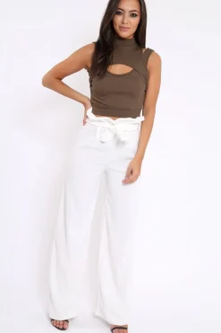 Rebellious Fashion Khaki High Neck Cut Out Ribbed Crop Top - Jessica