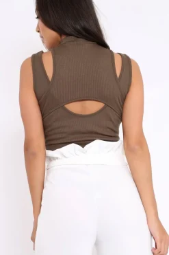 Rebellious Fashion Khaki High Neck Cut Out Ribbed Crop Top - Jessica