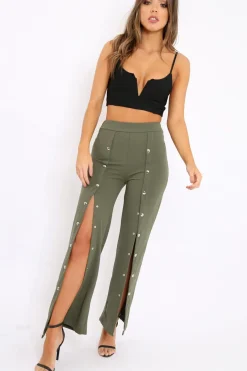 Rebellious Fashion Khaki High Waist Flare Trousers with Popper detail -Tamy