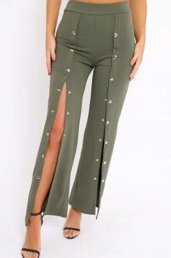 Rebellious Fashion Khaki High Waist Flare Trousers with Popper detail -Tamy