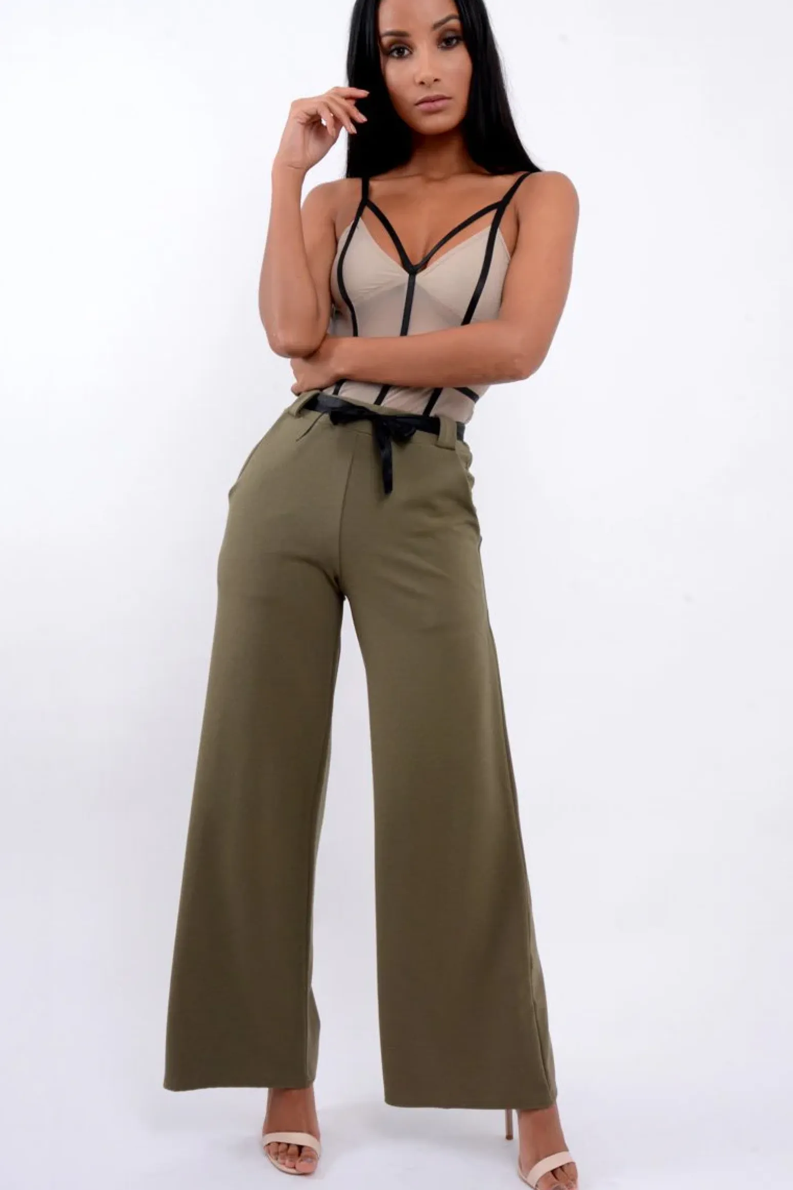 Rebellious Fashion Khaki High Waist Flare Trousers with Black Sash Belt - Lila