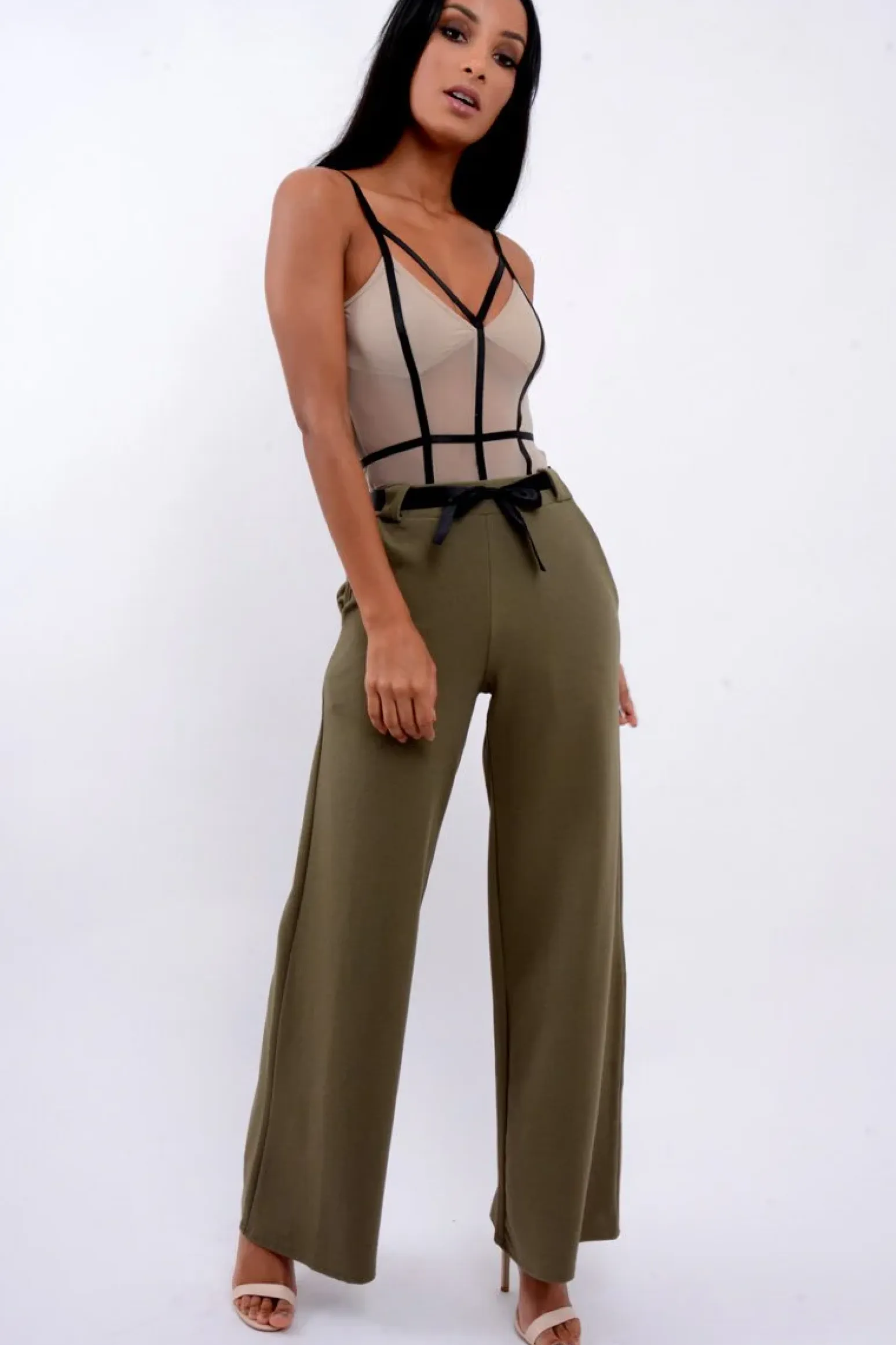 Rebellious Fashion Khaki High Waist Flare Trousers with Black Sash Belt - Lila