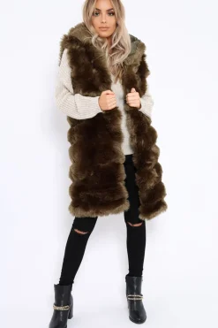 Rebellious Fashion Khaki Hooded Faux Fur Gilet - Jadie