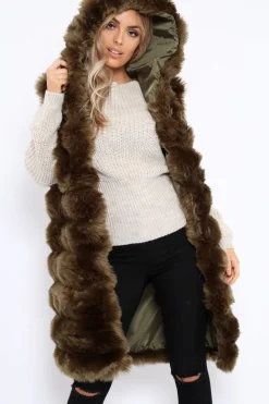 Rebellious Fashion Khaki Hooded Faux Fur Gilet - Jadie
