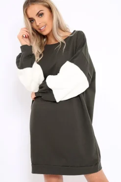 Rebellious Fashion Khaki Jumper Dress with Fur Sleeves - Paris