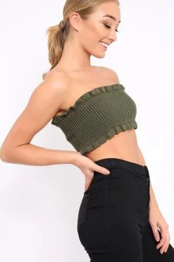 Rebellious Fashion Khaki Knit Frill Bandeau Crop Top - Poppy
