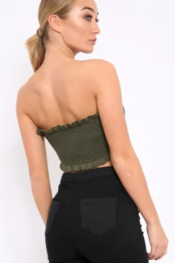 Rebellious Fashion Khaki Knit Frill Bandeau Crop Top - Poppy