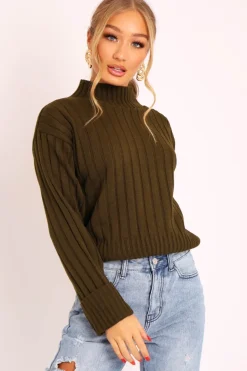 Rebellious Fashion Khaki Knit High Neck Jumper - Jaelynn