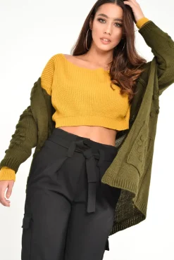 Rebellious Fashion Khaki Knitted Longline Bobble Cardigan - Annette