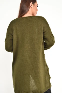 Rebellious Fashion Khaki Knitted Longline Bobble Cardigan - Annette