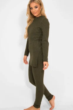 Rebellious Fashion Khaki Knitted Loungewear Set - Jordi