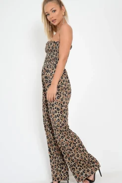 Rebellious Fashion Khaki Leopard Bandeau Wide Leg Jumpsuit - Taygen