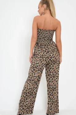 Rebellious Fashion Khaki Leopard Bandeau Wide Leg Jumpsuit - Taygen