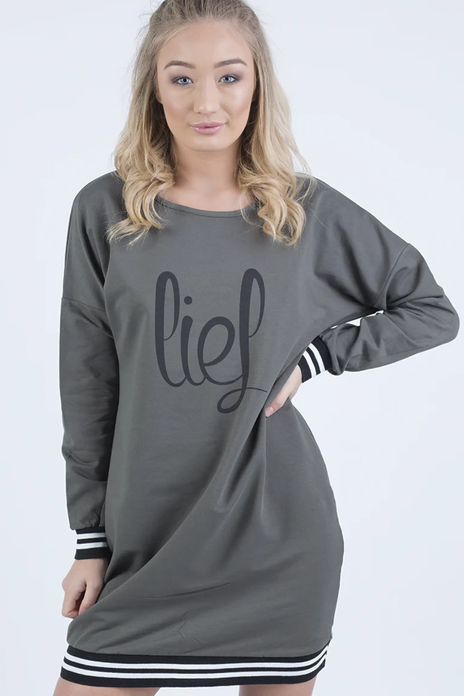 Rebellious Fashion Khaki Lies Slogan Jumper Dress - Ellie
