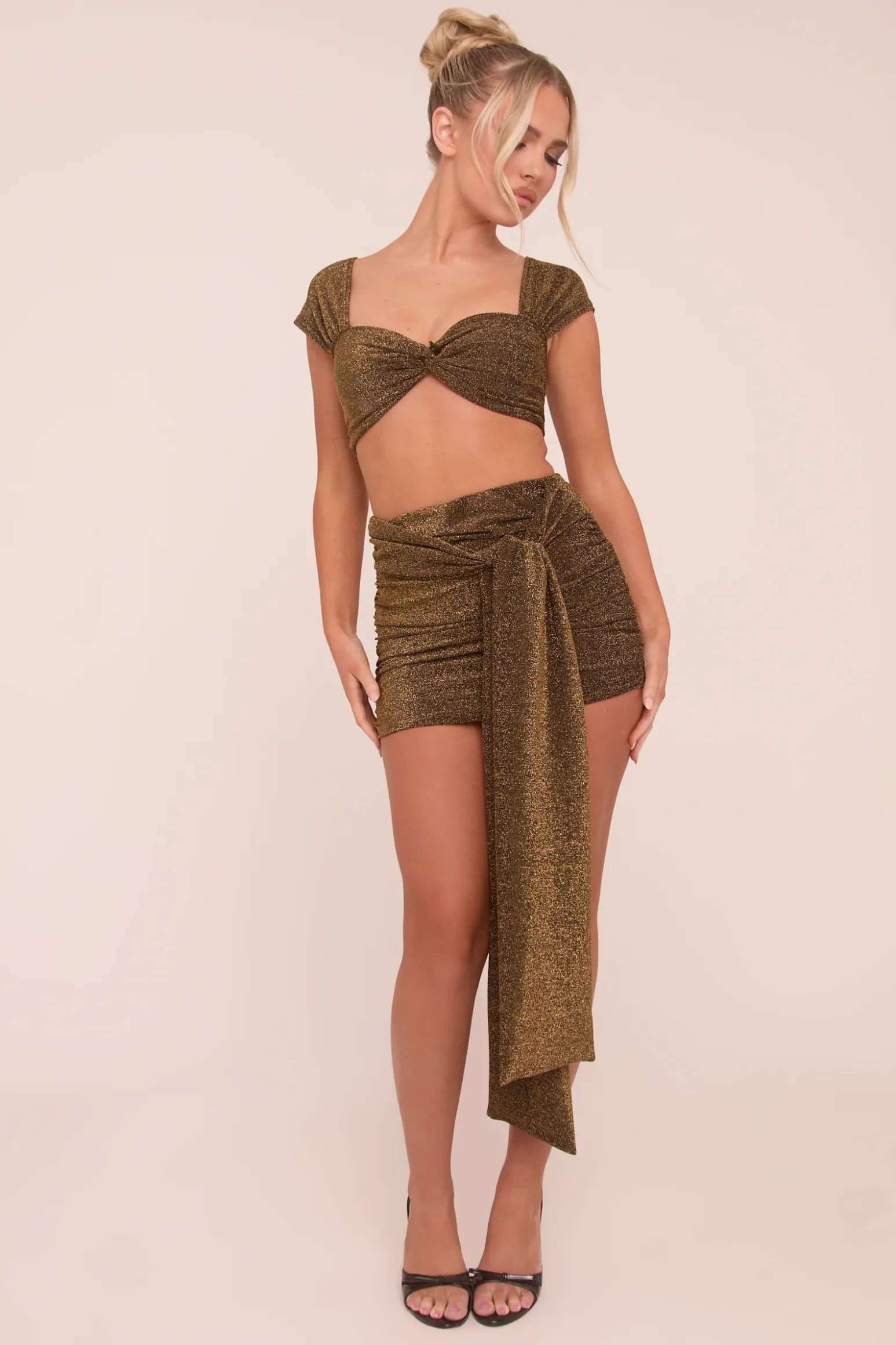 Rebellious Fashion Khaki Lurex Crop Top & Tie Detail Mini Skirt Co-ord Set - Veronica