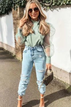 Rebellious Fashion Khaki Mesh Sleeve Bow Neck Blouse - Adelin