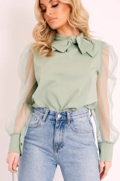 Rebellious Fashion Khaki Mesh Sleeve Bow Neck Blouse - Adelin