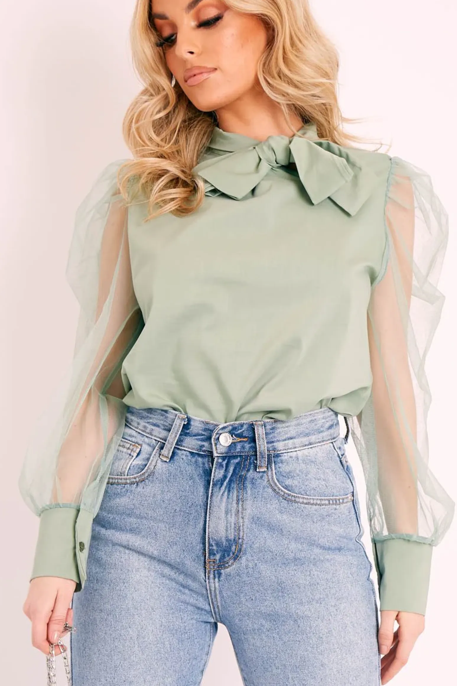 Rebellious Fashion Khaki Mesh Sleeve Bow Neck Blouse - Adelin