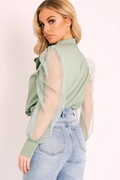 Rebellious Fashion Khaki Mesh Sleeve Bow Neck Blouse - Adelin