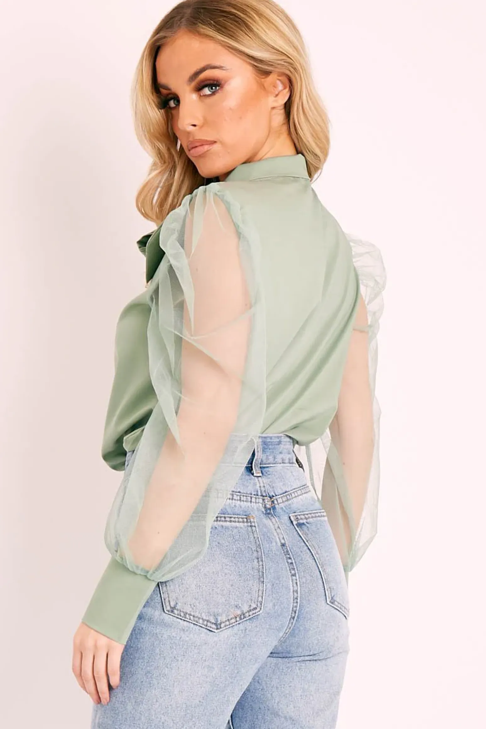 Rebellious Fashion Khaki Mesh Sleeve Bow Neck Blouse - Adelin