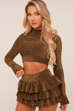 Rebellious Fashion Khaki Metallic Lurex High Neck Cropped Top & Mini Skirt Co-ord Set - Felipa