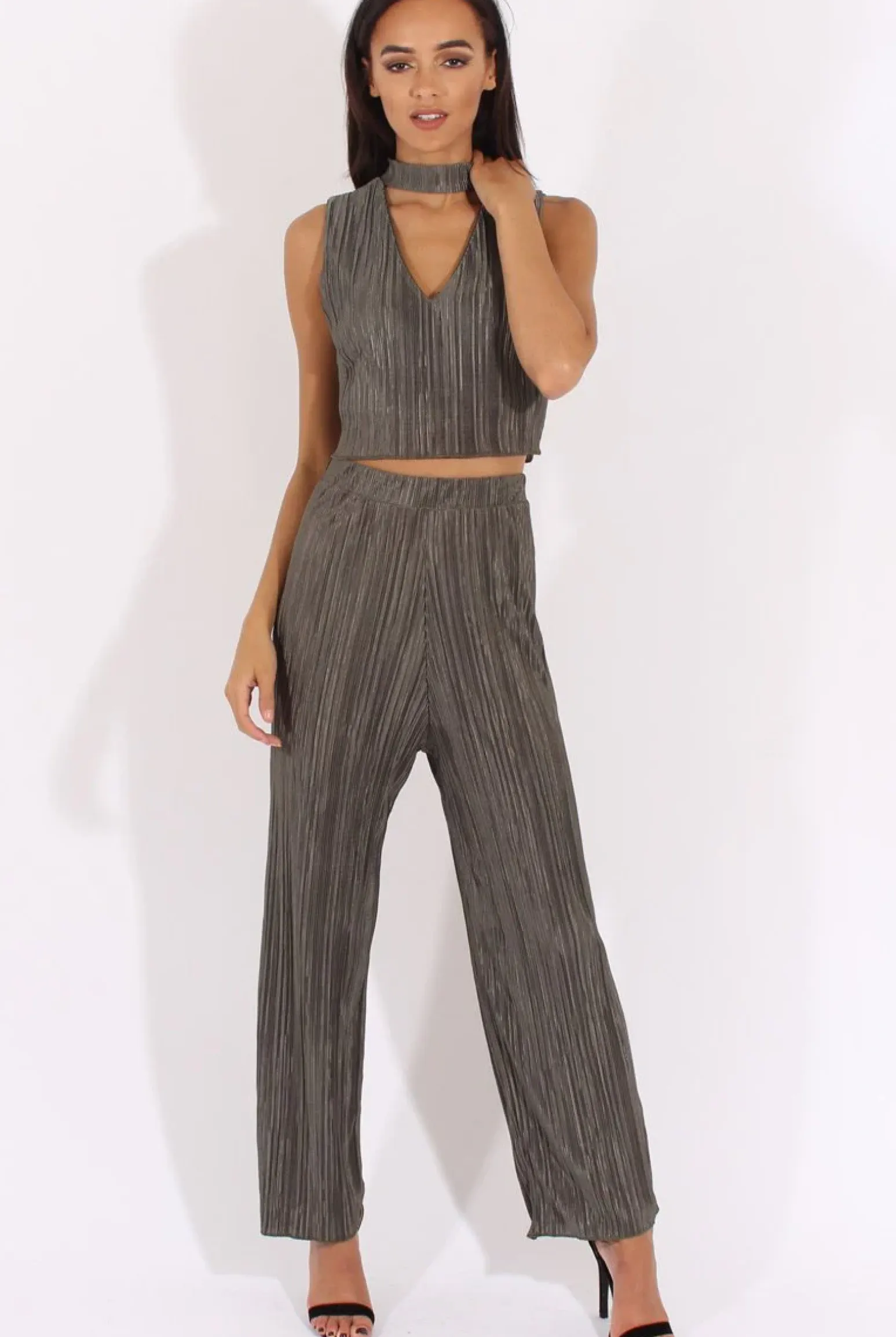 Rebellious Fashion Khaki Metallic Pleated High Waisted Trousers - Phoebe