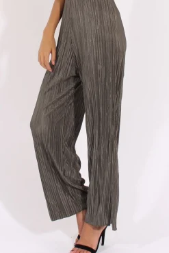 Rebellious Fashion Khaki Metallic Pleated High Waisted Trousers - Phoebe