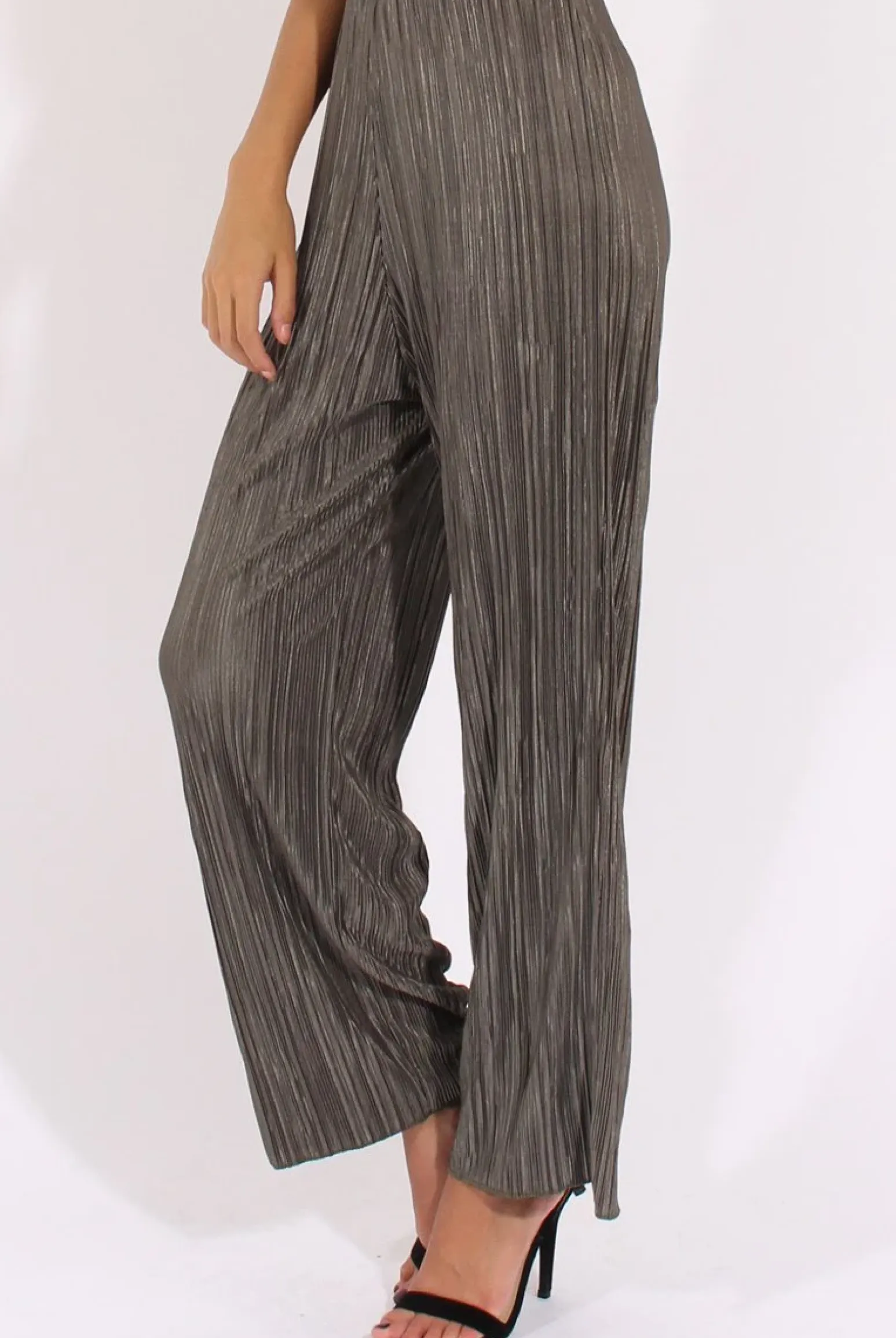Rebellious Fashion Khaki Metallic Pleated High Waisted Trousers - Phoebe