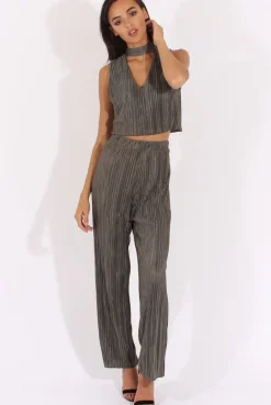 Rebellious Fashion Khaki Metallic Pleated High Waisted Trousers - Phoebe