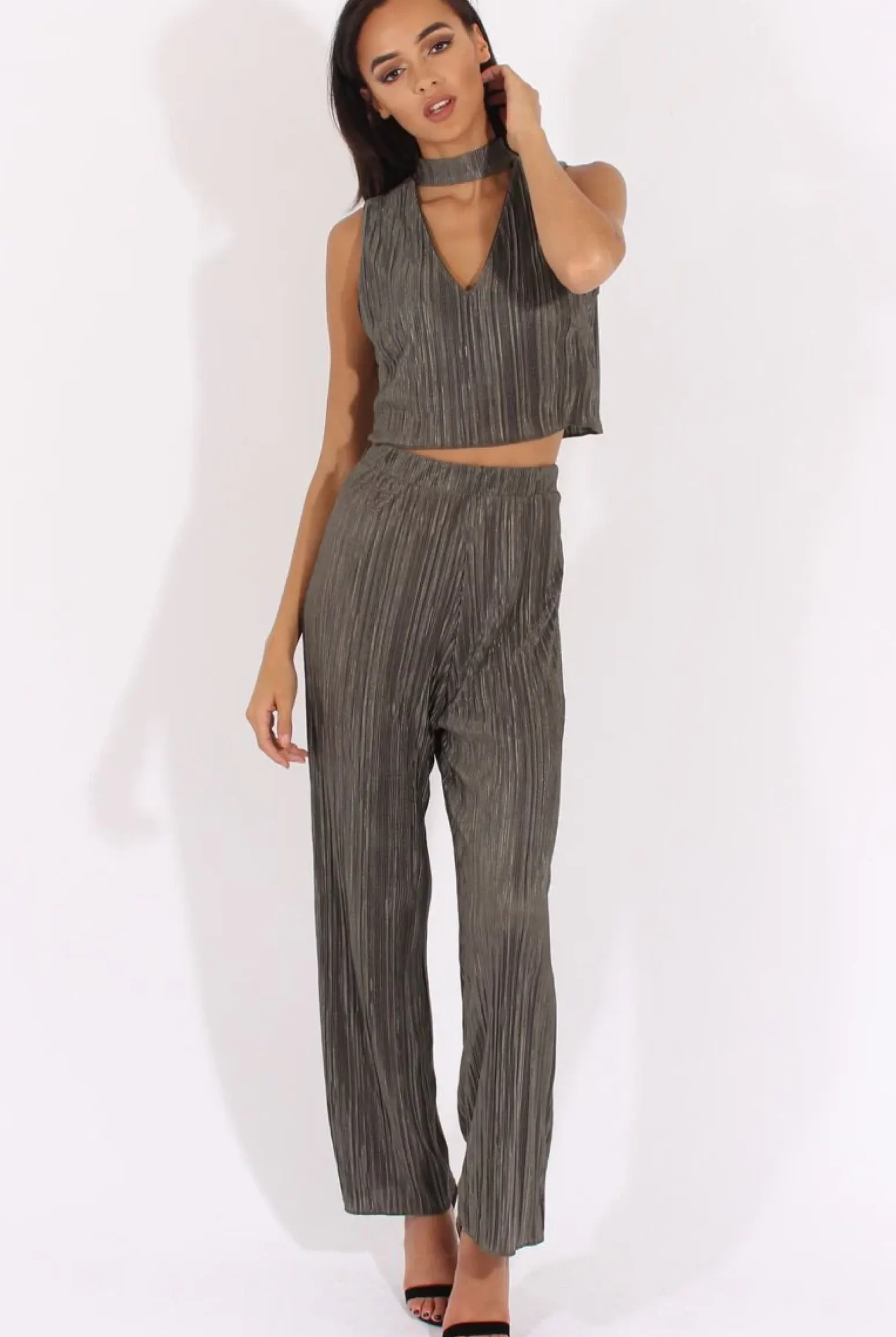 Rebellious Fashion Khaki Metallic Pleated High Waisted Trousers - Phoebe