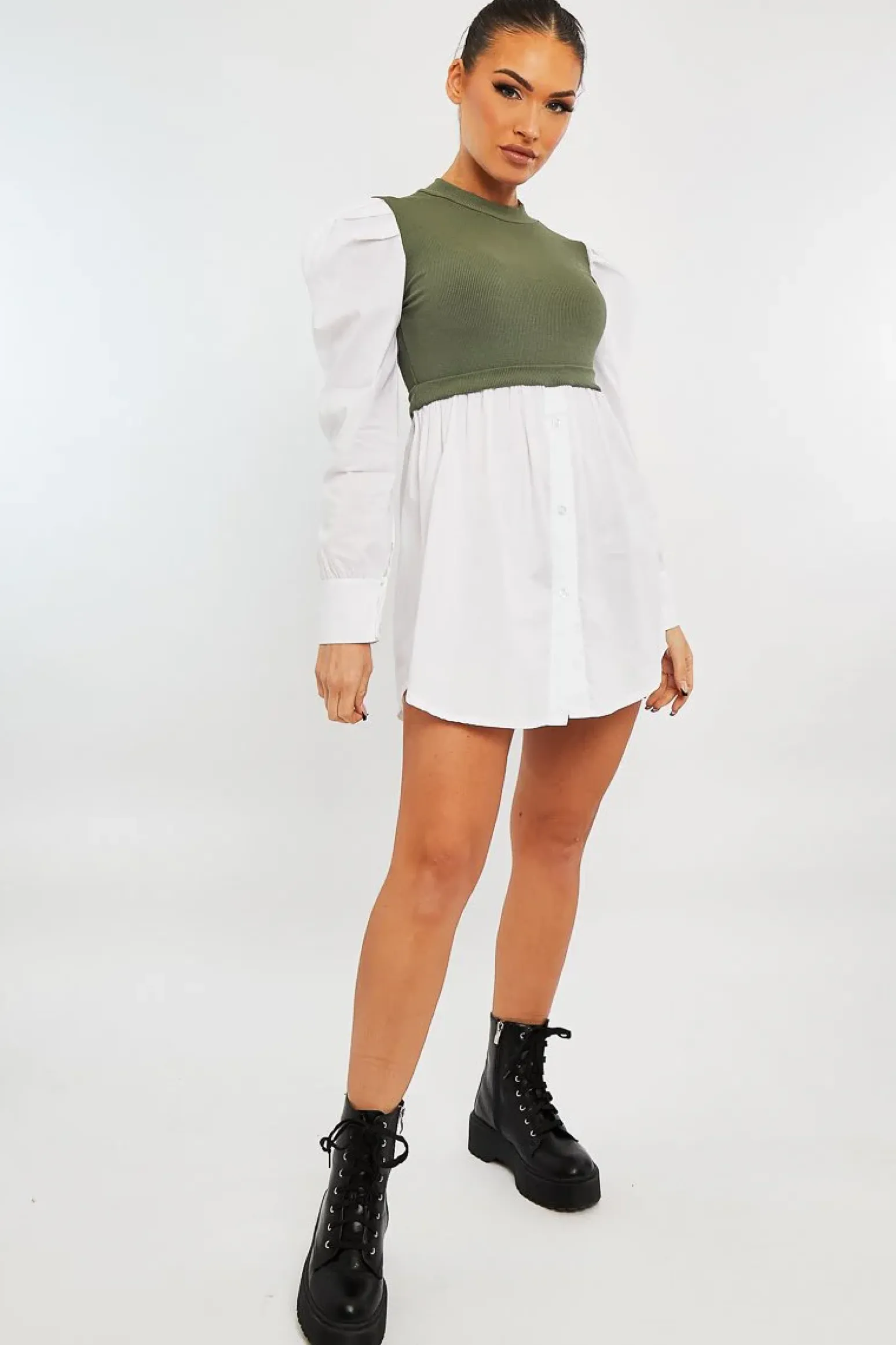 Rebellious Fashion Khaki Overlay Detail Puff Sleeve White Shirt Dress - Olah